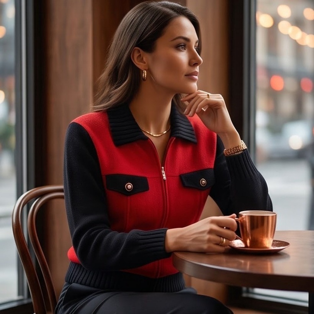 St John Marie Gray L Red Black Santana Knit Zip Front Santana Knit Sweater Holes